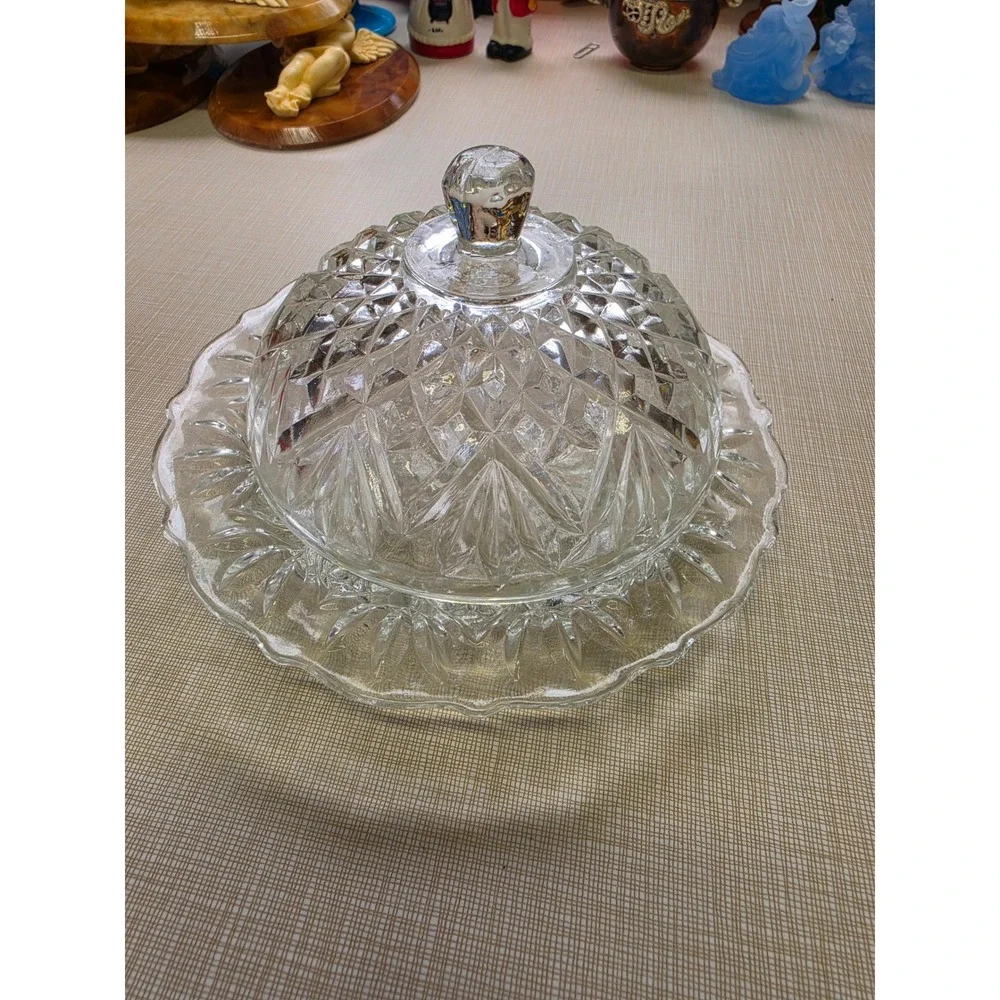 Vintage Clear Pressed Glass Round Butter Dish with Domed Lid Starburst Diamond